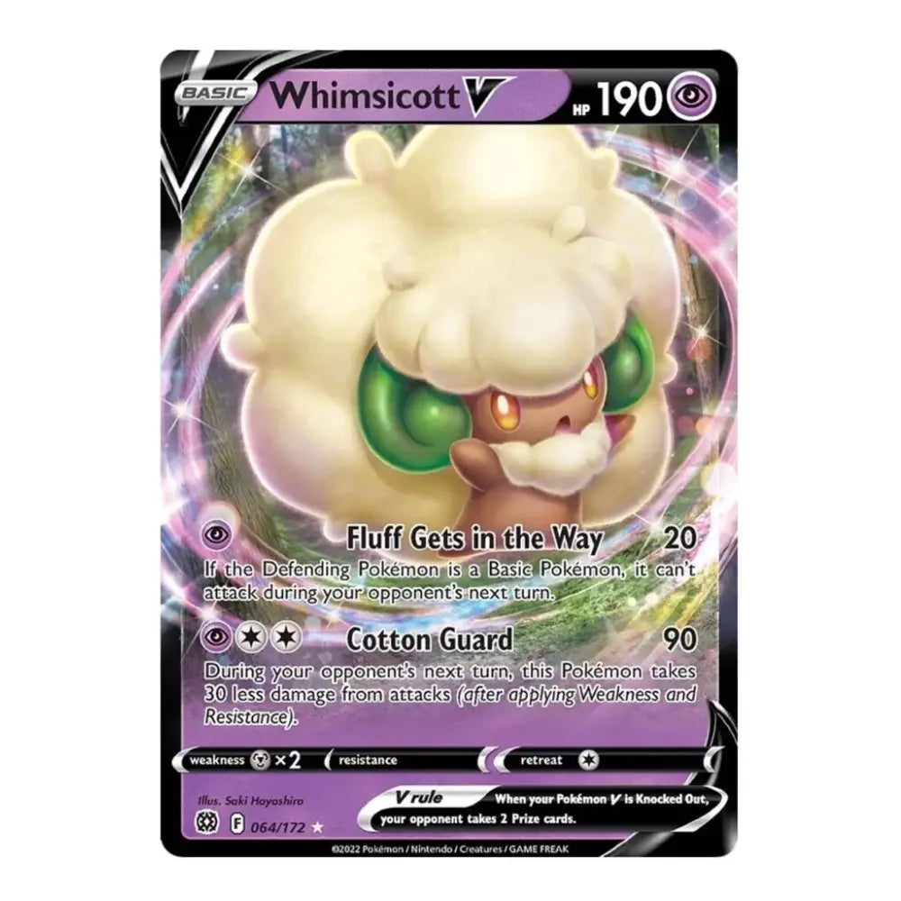 Pokémon Whimsicott V trading card with 190 HP, featuring the Fluff Gets in the Way and Cotton Guard attacks.