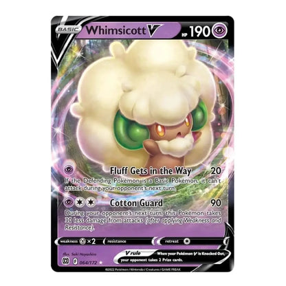 Pokémon Whimsicott V trading card with 190 HP, featuring the Fluff Gets in the Way and Cotton Guard attacks.