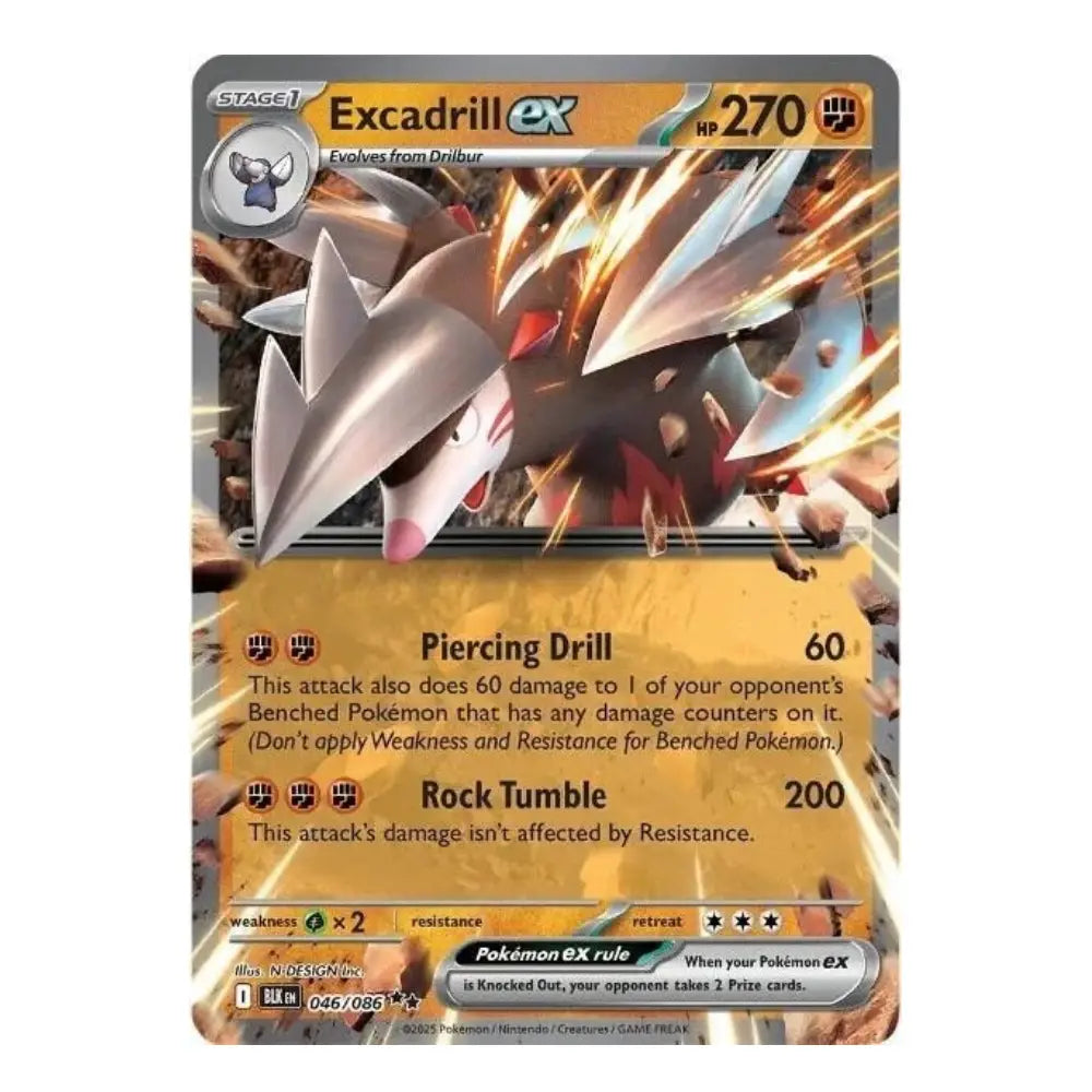 A single Pokémon trading card featuring the Excaladril ex variant, with artwork of the Pokémon in the center, a gold and gray card border, and text showing its HP of 270 and attacks 'Piercing Drill' and 'Rock Tumble'.