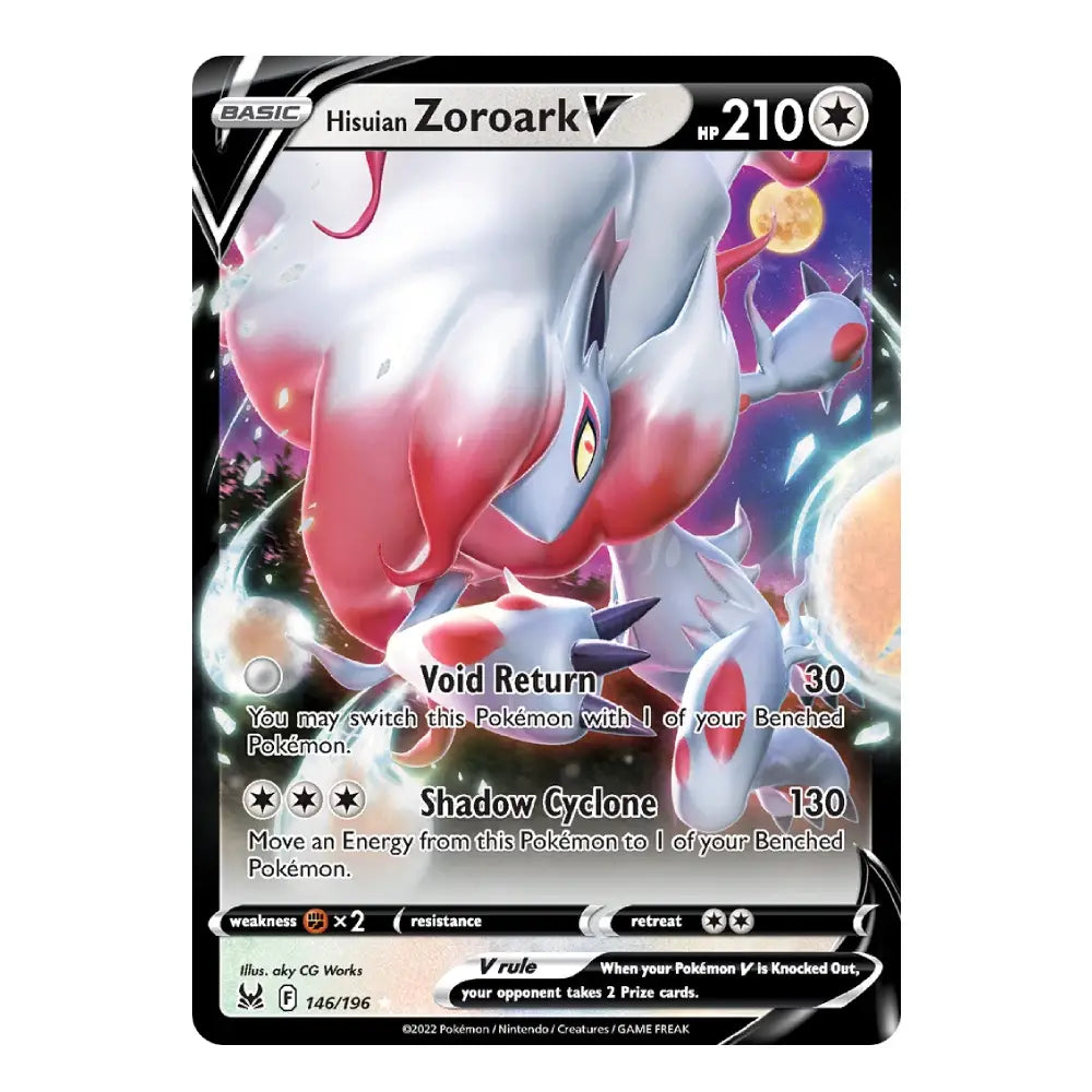 A single Pokémon trading card featuring Hisuian Zoroark V, a Basic R10 card with a black border and colorful artwork of the Pokémon in white, pink, and blue tones.