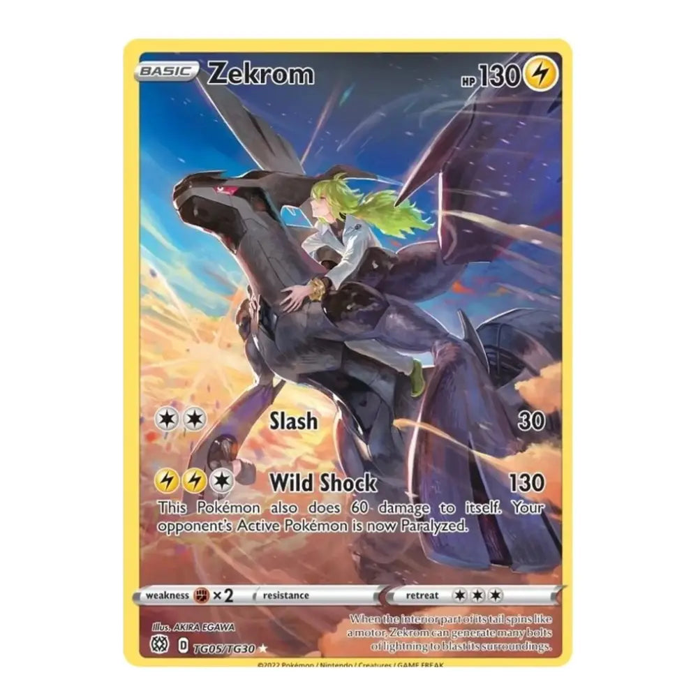 Pokémon TCG Zekrom card with 130 HP, featuring Zekrom and an illustrated character riding on its back.