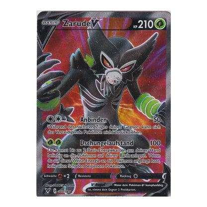 Pokémon Zarude V card featuring the dark-type Pokémon Zarude with 210 HP, jungle-themed artwork, and German attack text.