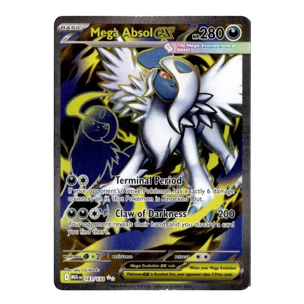 A single Pokémon trading card featuring Mega Absol EX, shown against a plain white background. The card has a dark border and displays artwork of a white bird-like Pokémon with blue accents and yellow energy effects.