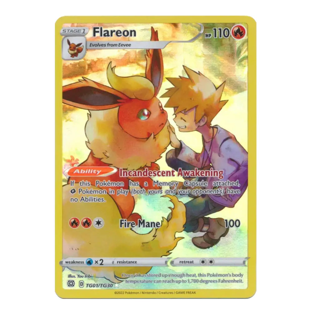 A single Pokémon trading card for Flareon, shown against a plain white background. The card features artwork of Flareon and a trainer, with the Flareon logo in the top-left corner and the card number 110 in the top-right.