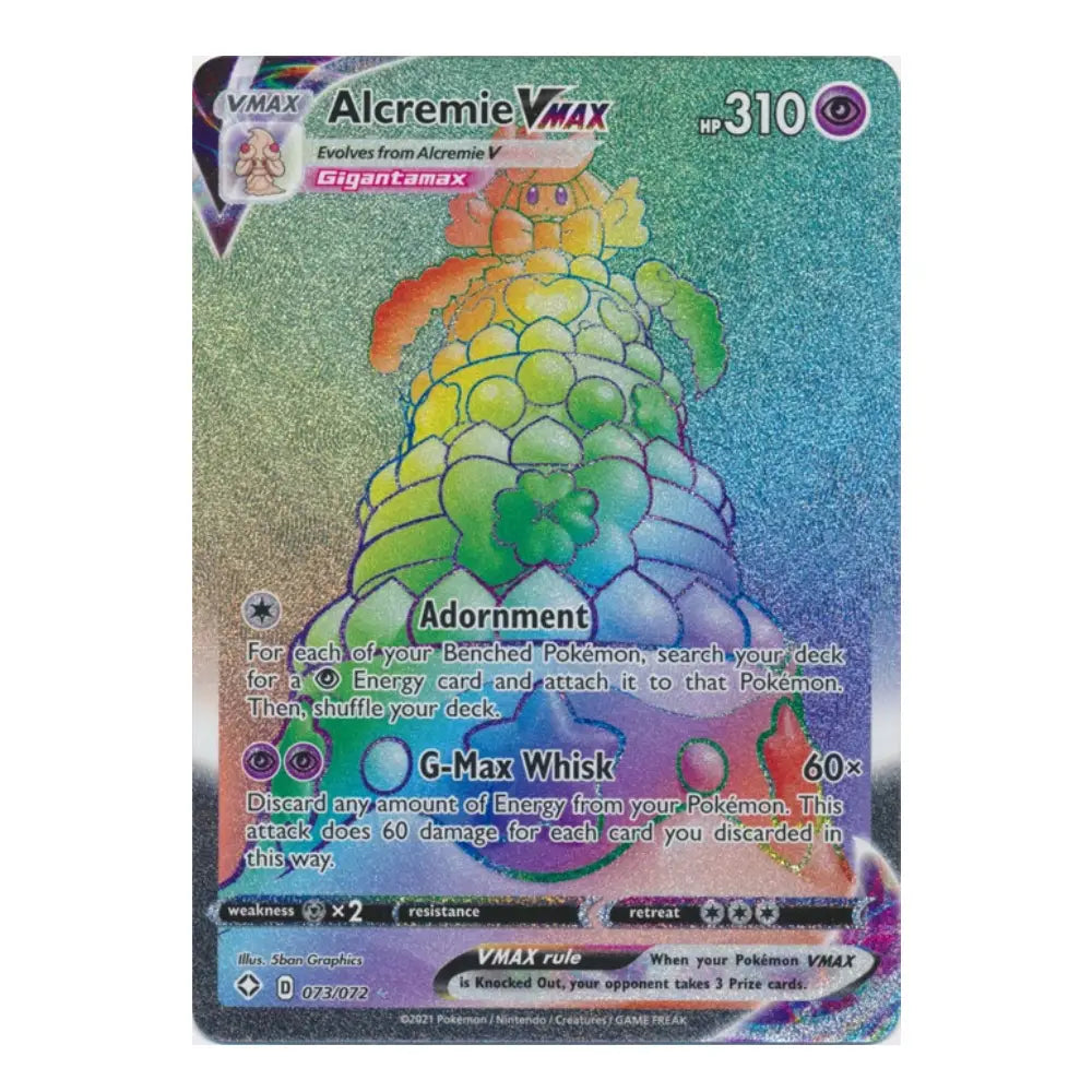 Colorful Pokémon Alcremie VMAX card featuring Gigantamax Alcremie with 310 HP and rainbow holographic artwork.