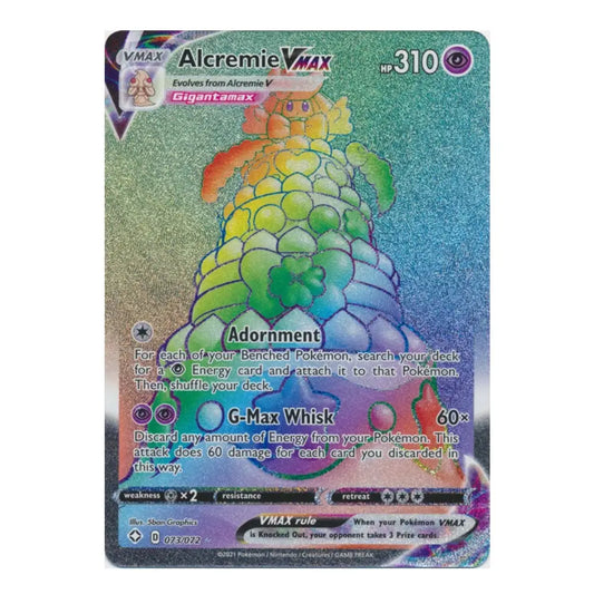 Colorful Pokémon Alcremie VMAX card featuring Gigantamax Alcremie with 310 HP and rainbow holographic artwork.