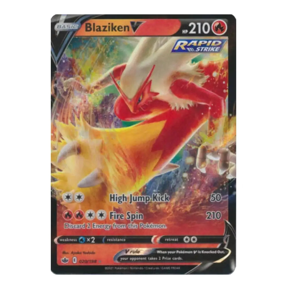 A single Pokémon trading card for Blaziken V, shown against a plain white background. The card features artwork of Blaziken with red, yellow, and white tones, and visible text including 'Blaziken V', 'HP 210', 'Rapid Strike', and 'Fire Spin'.