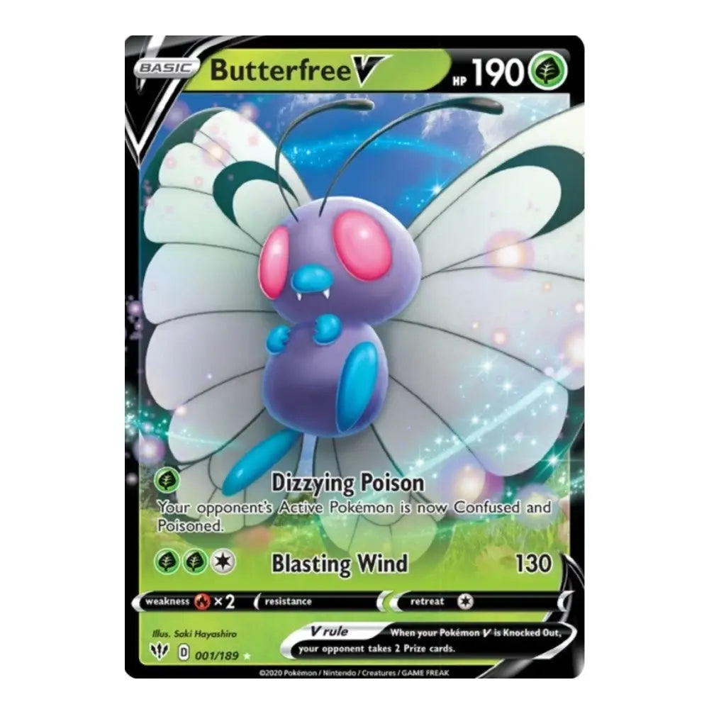 A single Pokémon trading card featuring Butterfree V from the Basic set, with a purple and blue butterfly design, pink eyes, and a green HP bar at 190.