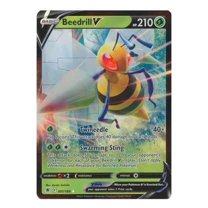 A single Pokémon trading card for Beedrill V from the Basic Set, featuring a yellow-and-black bee illustration with green and blue accents on a dark card border.
