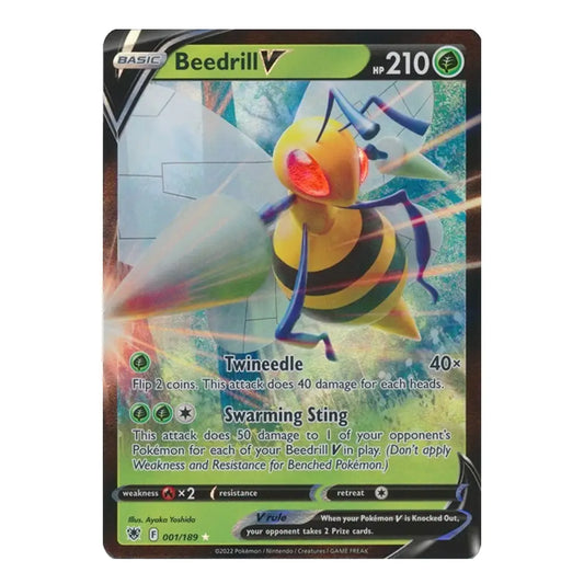 A single Pokémon trading card for Beedrill V from the Basic Set, featuring a yellow-and-black bee illustration with green and blue accents on a dark card border.