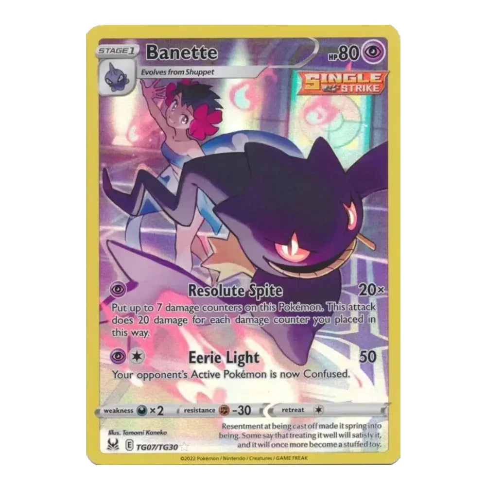 A single Pokémon trading card for Banette, shown against a plain white background. The card features a yellow border, artwork of Banette in purple and black, and text including 'Stage 1', 'MP 80', 'Single Strike', and move names 'Resolute Spite' and 'Eerie Light'.