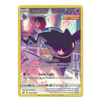A single Pokémon trading card for Banette, shown against a plain white background. The card features a yellow border, artwork of Banette in purple and black, and text including 'Stage 1', 'MP 80', 'Single Strike', and move names 'Resolute Spite' and 'Eerie Light'.
