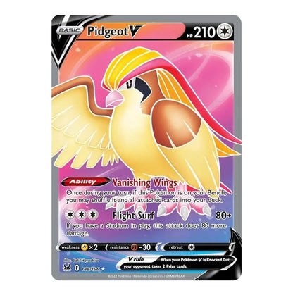 A single Pokémon trading card featuring Pidgeot, with the card border visible against a plain white background. The card art shows Pidgeot in yellow, cream, and pink tones with a black, gray, and red card frame and text including 'BASIC', 'Pidgeot', and HP 210.