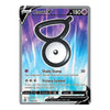 A single Pokémon trading card, Unown V, from the 2024 TCG Masters set. The card features a purple and blue gradient background with a large black and white eye graphic in the center.