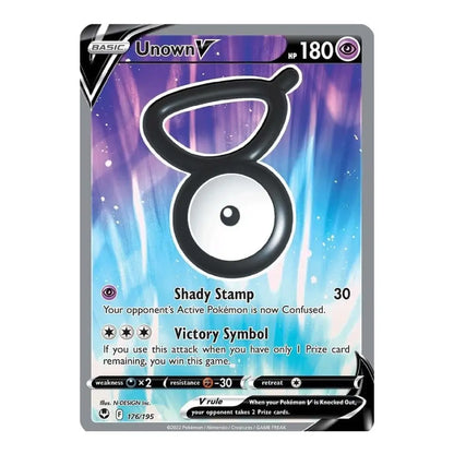 A single Pokémon trading card, Unown V, from the 2024 TCG Masters set. The card features a purple and blue gradient background with a large black and white eye graphic in the center.