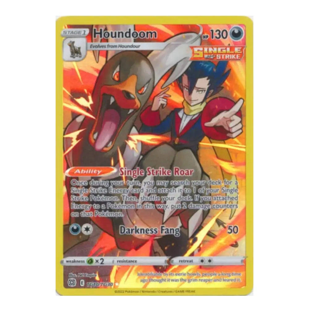 A single Pokémon trading card featuring Houndoom and a trainer character, with a yellow border and fiery orange artwork. The card is centered on a plain white background.