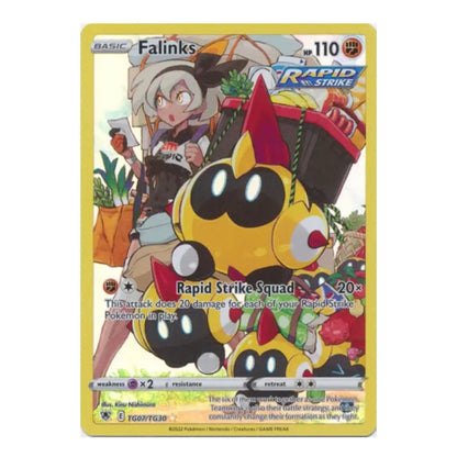 A single Pokémon trading card for Falinks from the Rapid Strike Squad set, featuring colorful character artwork and a yellow border on a plain white background.
