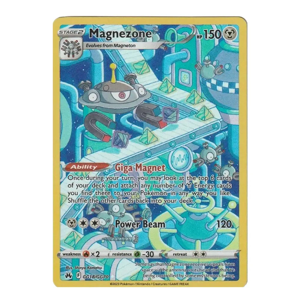 A single Pokémon trading card for Magnezone, shown flat against a plain white background. The card has a yellow border, blue and cyan artwork of a robot magnet station, and text including 'Stage 2', 'Magnezone', '150', and 'Giga Magnet'.