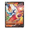 A single Pokémon trading card featuring Cinderace V, shown against a plain white background. The card has a black border with colorful artwork of the character in orange, white, and blue, plus game text and stats printed on it.