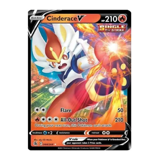 A single Pokémon trading card featuring Cinderace V, shown against a plain white background. The card has a black border with colorful artwork of the character in orange, white, and blue, plus game text and stats printed on it.