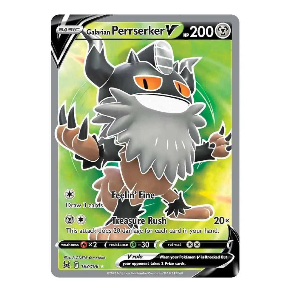 A single Pokémon trading card featuring Galarian Perrserker V, shown against a plain white background. The card has a gray border, green and yellow gradient artwork, and black/white/gray character art with orange eyes.