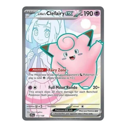 A single Pokémon trading card featuring Lillie's Clefairy EX from the XY Evolutions set. The card shows a pink Clefairy character illustration, attack text including 'Fairy Zone' and 'Full Moon Rondo', and a gray border with game info at the bottom.