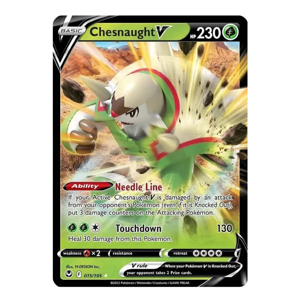 A single Pokémon trading card for Chesnaught V, shown against a plain white background. The card features artwork of the Pokémon in an action pose with green, red, and cream tones, black border elements, and printed text including HP 230 and the ability Needle Line.