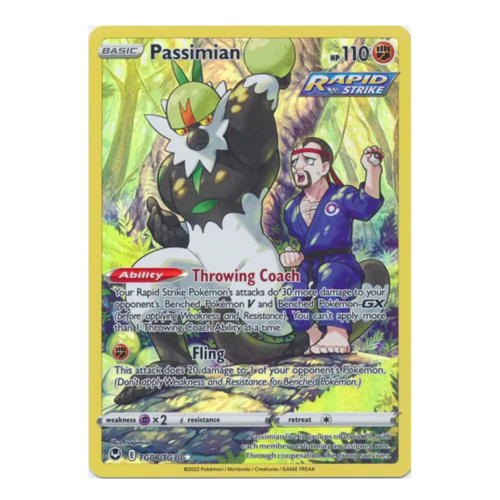 A single Pokémon trading card for Passimian from the Basic Set, featuring artwork of Passimian and a trainer in a forest, with a yellow border and game text including Rapid Strike.