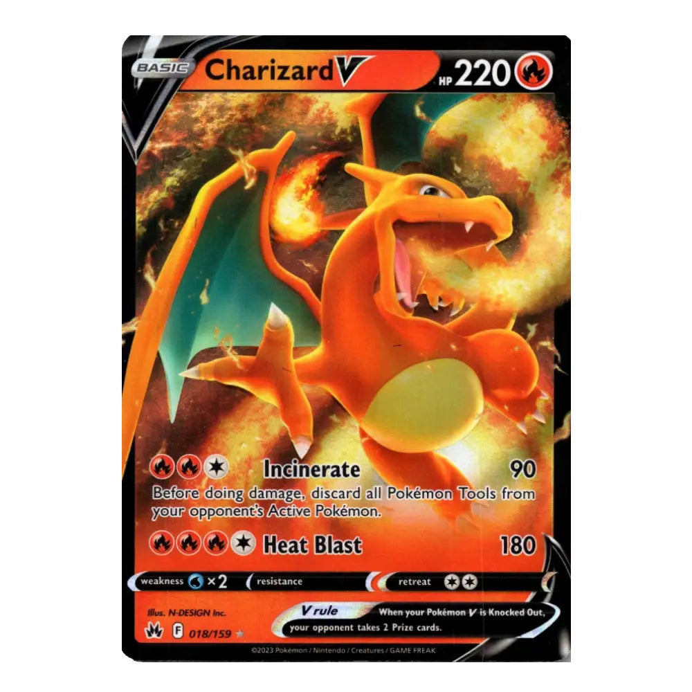 A single Pokémon trading card featuring Charizard V, shown against a plain white background. The card has a black border with orange, red, yellow, and blue artwork of the fire dragon.