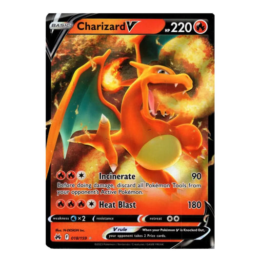 A single Pokémon trading card featuring Charizard V, shown against a plain white background. The card has a black border with orange, red, yellow, and blue artwork of the fire dragon.