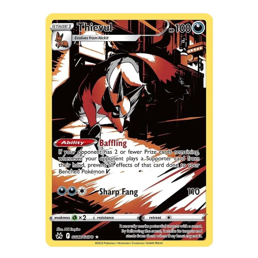 A Pokémon trading card featuring Thievul, a Stage 1 Rock-type Pokémon. The card has a yellow border, black and white illustration of Thievul with red accents, and text detailing its 'Baffling' ability and 'Sharp Fang' move, set against a plain white background.