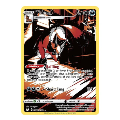 A Pokémon trading card featuring Thievul, a Stage 1 Rock-type Pokémon. The card has a yellow border, black and white illustration of Thievul with red accents, and text detailing its 'Baffling' ability and 'Sharp Fang' move, set against a plain white background.