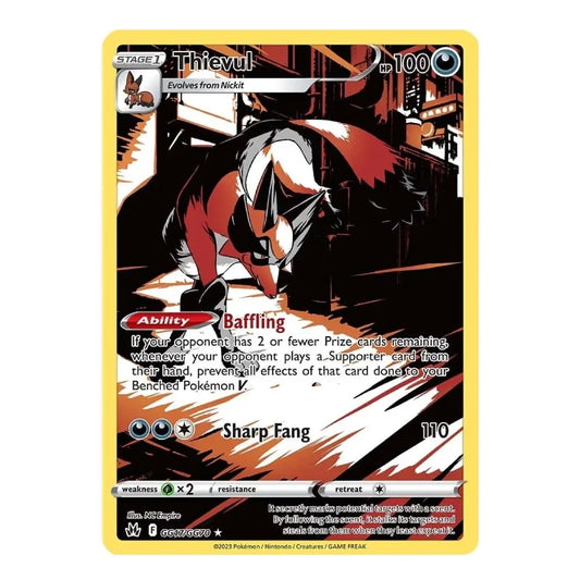 A Pokémon trading card featuring Thievul, a Stage 1 Rock-type Pokémon. The card has a yellow border, black and white illustration of Thievul with red accents, and text detailing its 'Baffling' ability and 'Sharp Fang' move, set against a plain white background.