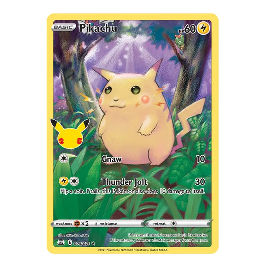 A single Pokémon trading card featuring Pikachu in a forest scene, with the card border in yellow and game text including 'Pikachu', 'Gnaw', and 'Thunder Jolt'.
