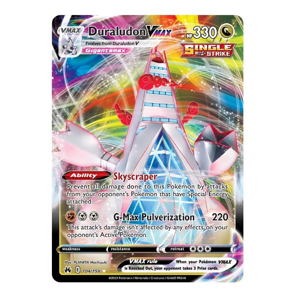 A single Pokémon trading card for Duraludon VMAX, featuring a colorful holographic design with a large pink and white Duraludon illustration, game text, and VMAX branding on a black card border.