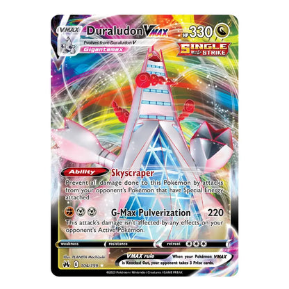 A single Pokémon trading card for Duraludon VMAX, featuring a colorful holographic design with a large pink and white Duraludon illustration, game text, and VMAX branding on a black card border.