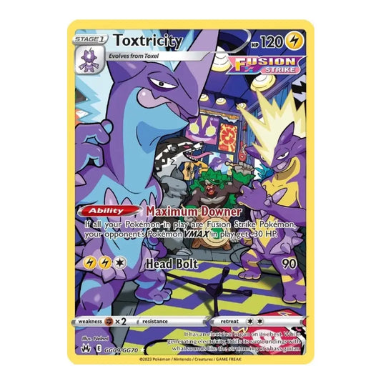 A single Pokémon trading card featuring Toxtricity, a Stage 1 Fusion State Pokémon. The card has a bright yellow border, with Toxtricity illustrated in purple and blue tones in the center, set against a plain white background.