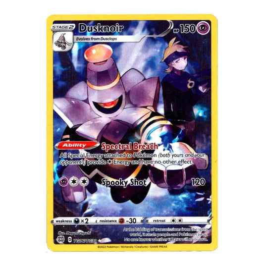 A Pokémon trading card featuring Dusknoir, a Stage 2 evolver from Duskulpus, with a bright yellow border and blue-purple illustrated background. Visible text includes 'Dusknoir', 'Spectral Breach', and 'Spooky Shot'.