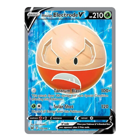 A single Pokémon trading card for Hisuian Electrode V from the TCG, featuring a large round peach-colored egg character with an angry face on a blue electric background. The card includes attack text such as Tantrum Blast and Solar Shot, with a black border and small character details at the top and bottom.