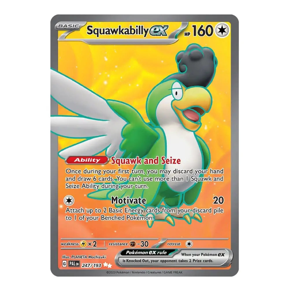 A single Pokémon trading card for Squawkabilly EX from the Silver Tempest expansion, featuring a green and white bird with a black tuft on a yellow-orange background, shown against a plain white backdrop.