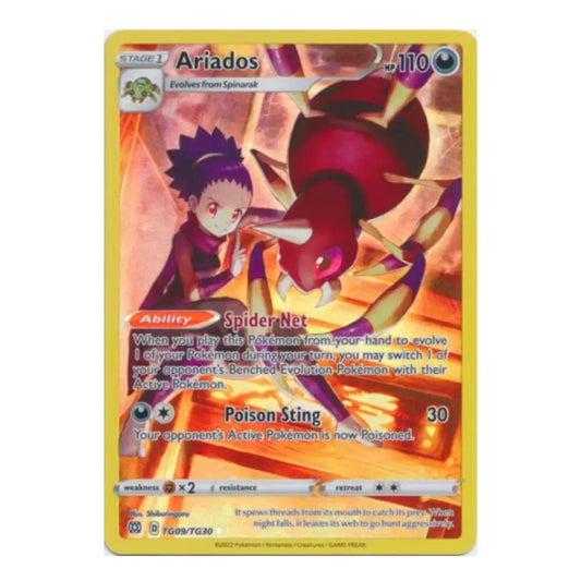 A single Pokémon trading card for Ariados, shown against a plain white background. The card features artwork of a red spider-like Pokémon and a small character, with visible text including 'Ariados', 'Spider Net', and 'Poison Sting'.