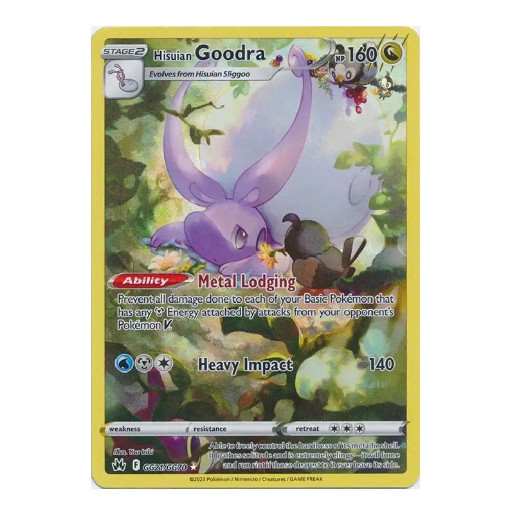A single Pokémon trading card featuring Hisuian Goodra, a purple Stage 2 creature with a yellow border and game text including 'Metal Lodging' and 'Heavy Impact'.