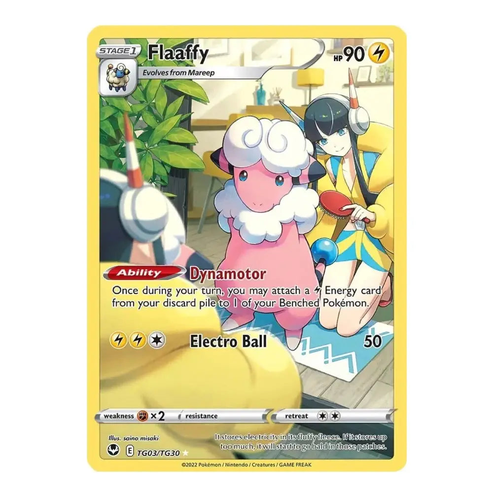 A single Pokémon trading card featuring Flaaffy, a Stage 1 Electric-type Pokémon. The card has a yellow border, character art of Flaaffy in a pink sheep form with white fluffy hair, and a trainer character in a yellow outfit.