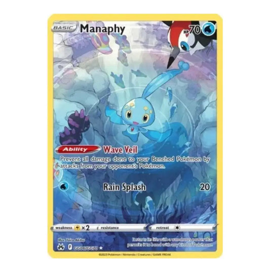 A single Pokémon trading card for Manaphy from the Basic Set, featuring a blue water-themed illustration with a yellow border and game text including 'Wave Veil' and 'Rain Splash'.
