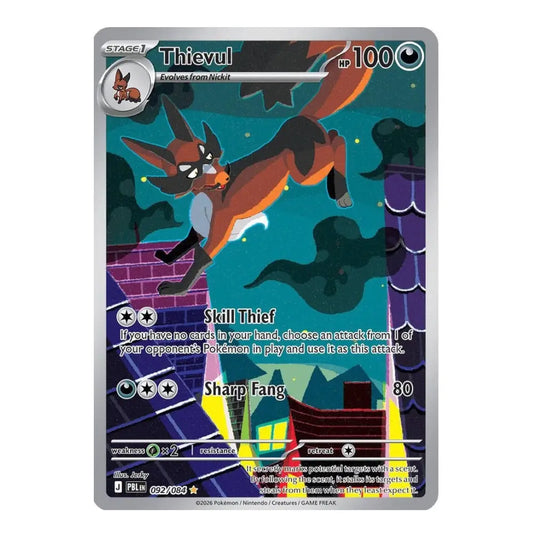 A single Pokémon trading card featuring Thieful, a Stage 1 Fox-type Pokémon, shown against a plain white background. The card has a silver border and displays artwork of Thieful leaping over rooftops at night.