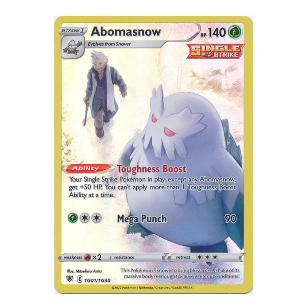 A single Pokémon trading card featuring Abomasnow, shown against a plain white background. The card has a yellow border, character artwork of Abomasnow in blue-gray, and text including 'Abomasnow', 'Single Strike', and 'Toughness Boost'.