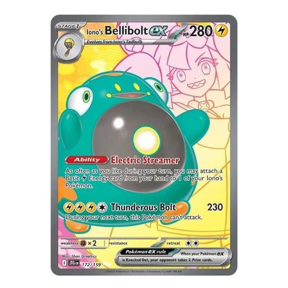 A single Pokémon trading card featuring Iono's Bellibolt EX, a Stage 1 Electric-type Pokémon. The card has a gray border, a yellow background, and artwork of a teal-green bell-shaped creature with large eyes and a black center.