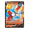 A single Pokémon trading card featuring Cinderace V, shown upright on a plain white background. The card has a black border, orange and red text areas, and artwork of the character running through flames against a blue sky.