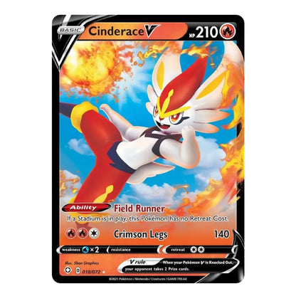 A single Pokémon trading card featuring Cinderace V, shown upright on a plain white background. The card has a black border, orange and red text areas, and artwork of the character running through flames against a blue sky.