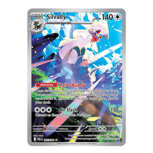 A single Pokémon trading card for Silvally from the Eevee expansion, shown against a plain white background. The card features artwork of Silvally with a glowing aura, and text including 'Stage 1', 'Silvally', '140', and 'Call a Buddy'.
